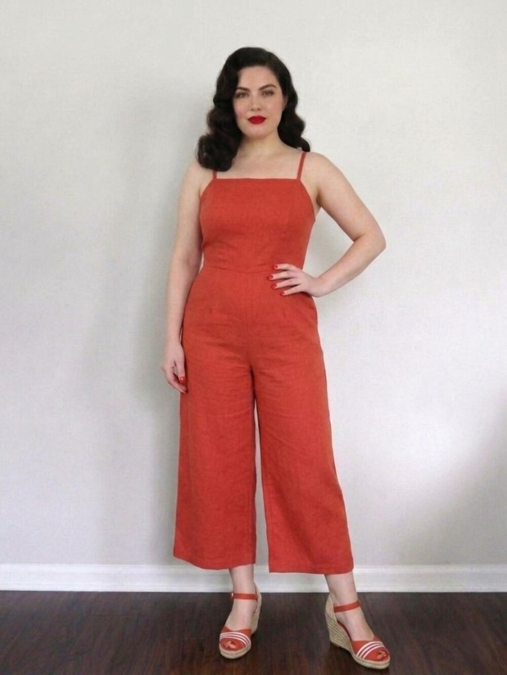 Old Navy Red-Orange Linen Blend Wide Leg Cropped Jumpsuit